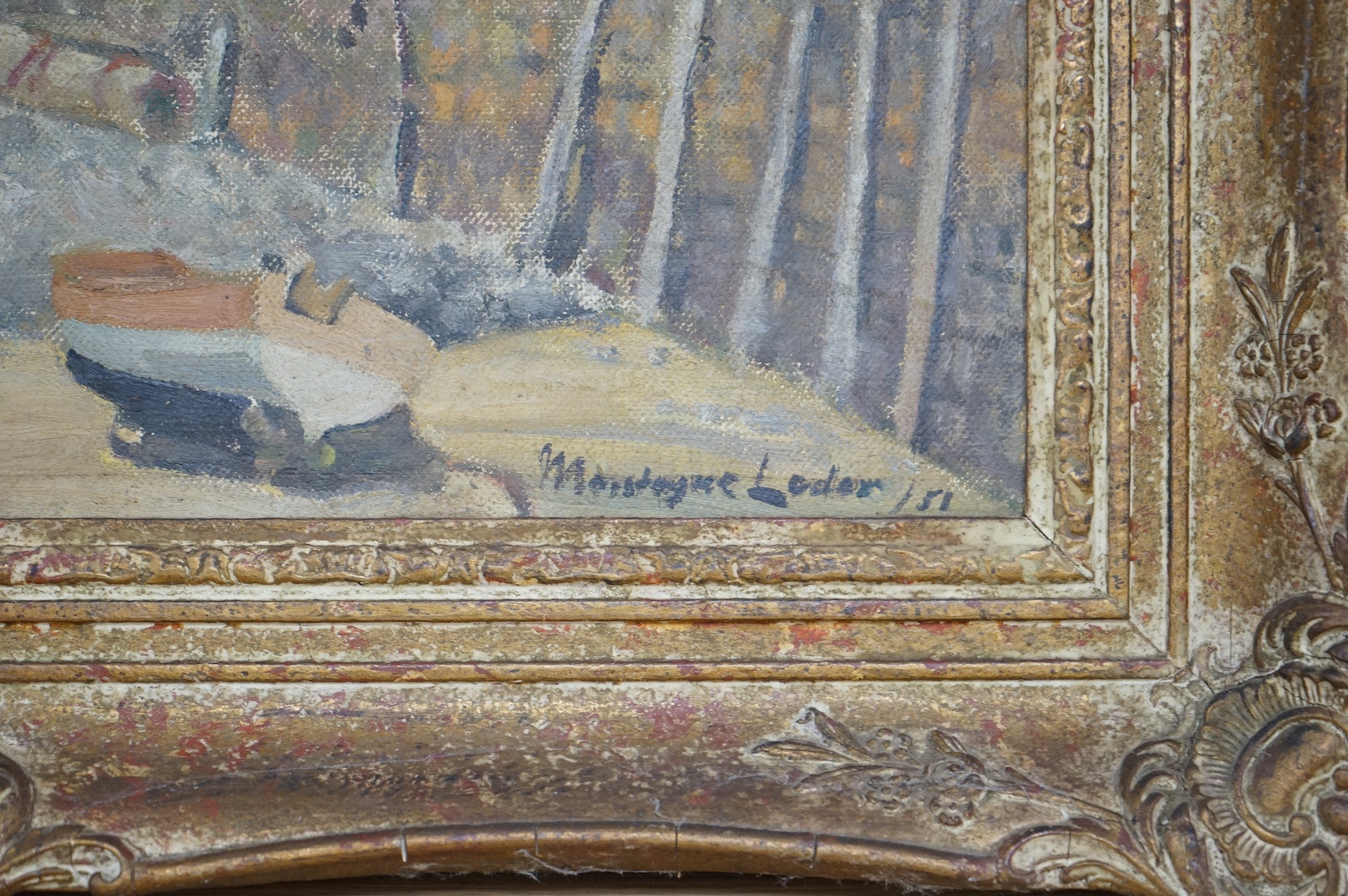 Margaret Loder (20th. C), oil on canvas, Coastal scene with beached fishing boat, signed and dated '51, 39 x 49cm, ornate gilt frame. Condition - fair to good, frame with losses